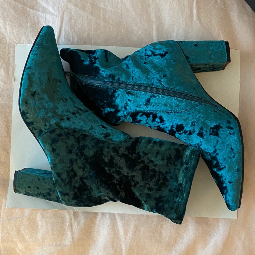 Anthropologie Teal Velvet Heeled Boots